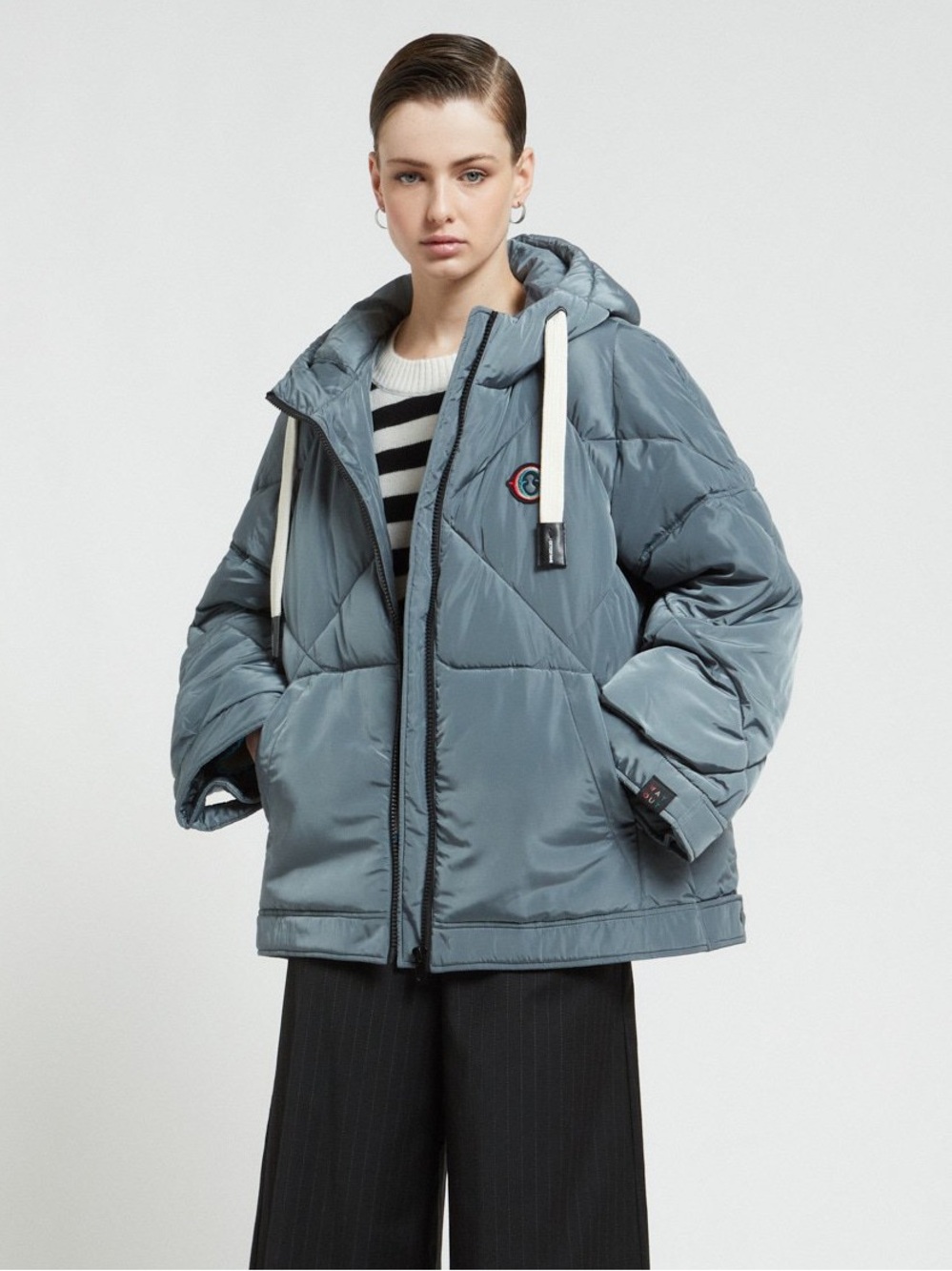 ottod'Ame Short Quilted Puffer Jacket with Hood Blue Grey Women’s